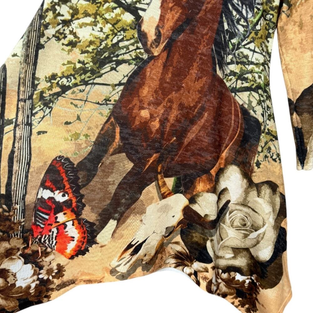 Amma Designs Horse Print Graphic Tunic Top Medium Butterfly Floral Asymmetrical - Picture 4 of 6